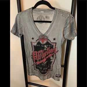 Affliction American Customs black, red and grey t shirt.